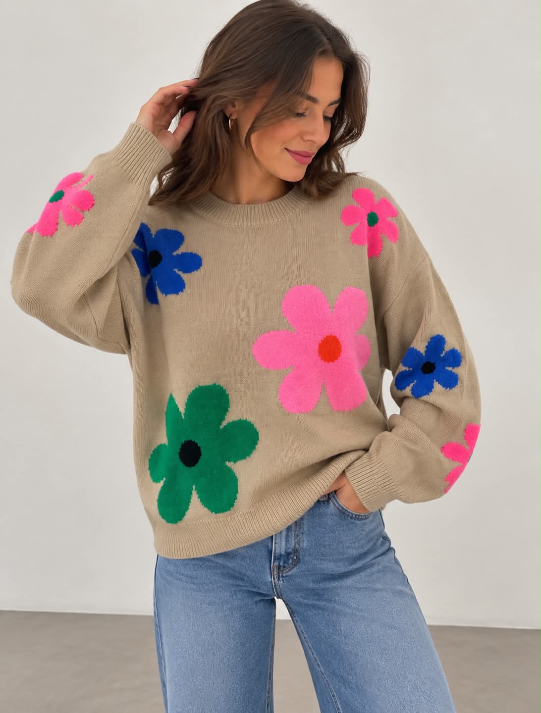 Beige Bloom Knit Sweater