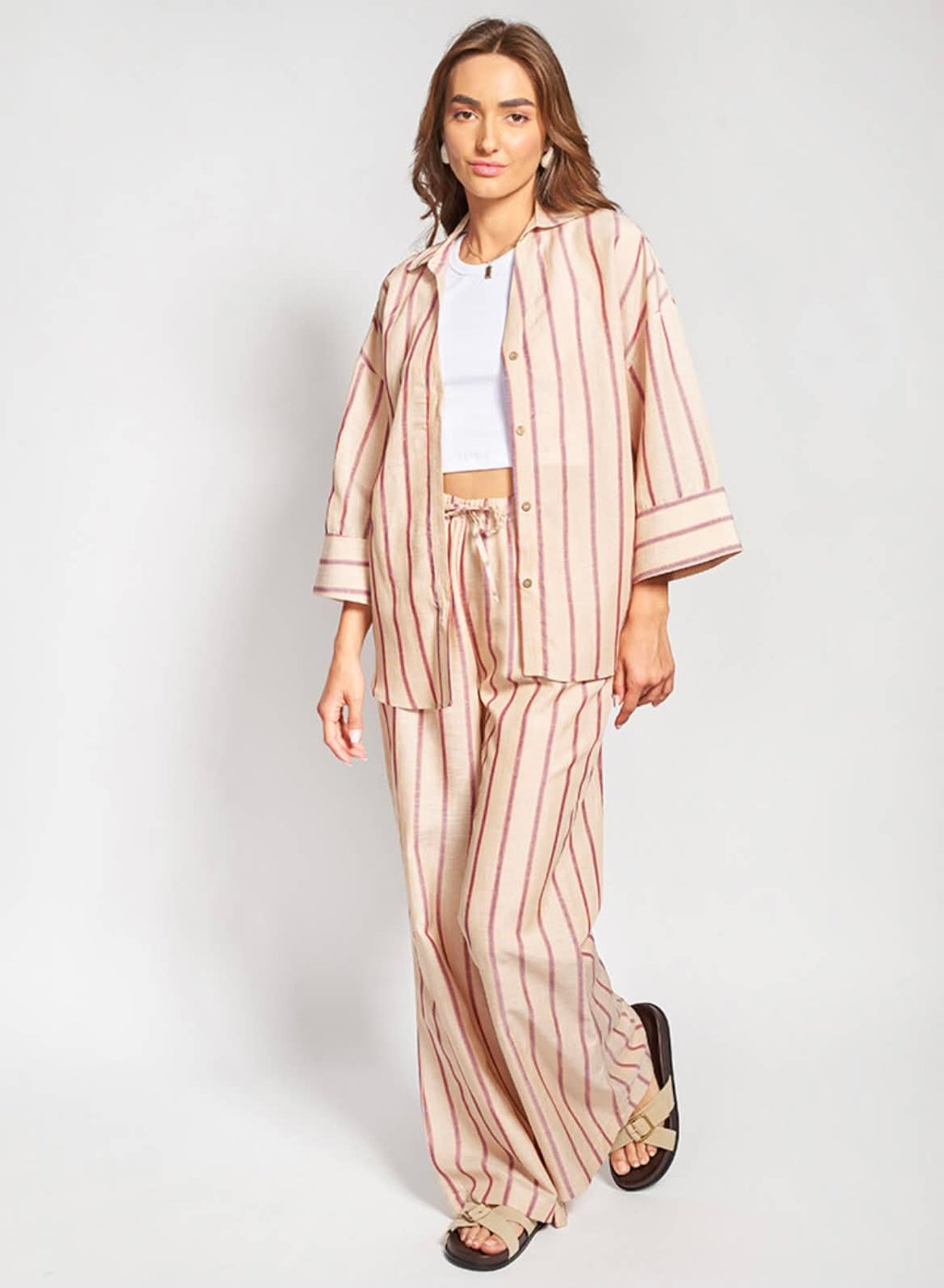 Ριγέ Λινό Oversized Πουκάμισο Μπεζ