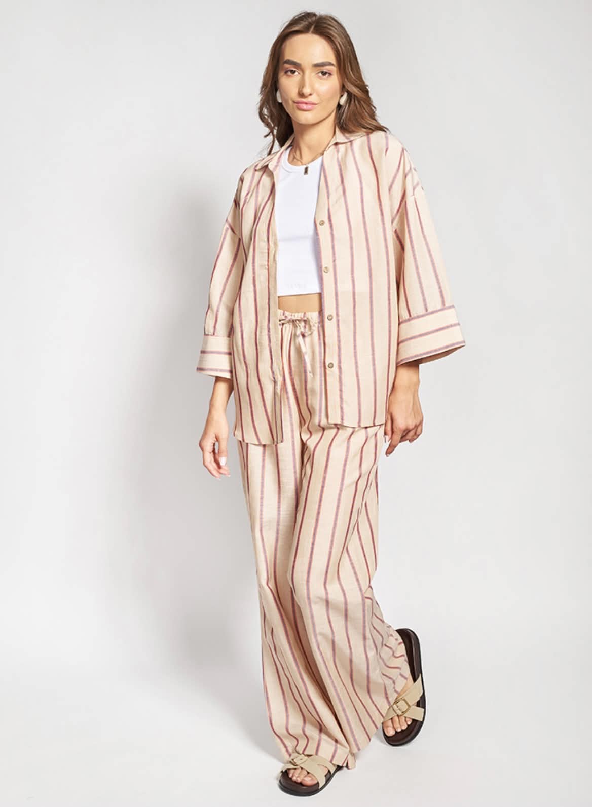Ριγέ Λινό Oversized Πουκάμισο Μπεζ