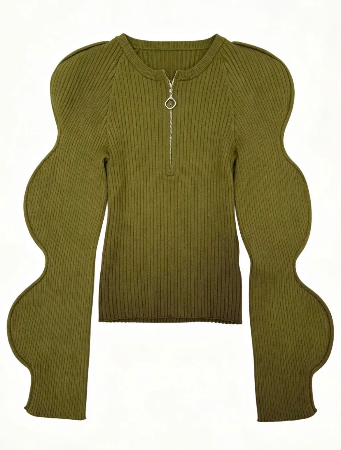 Olive Ribbed Volume Zip Top