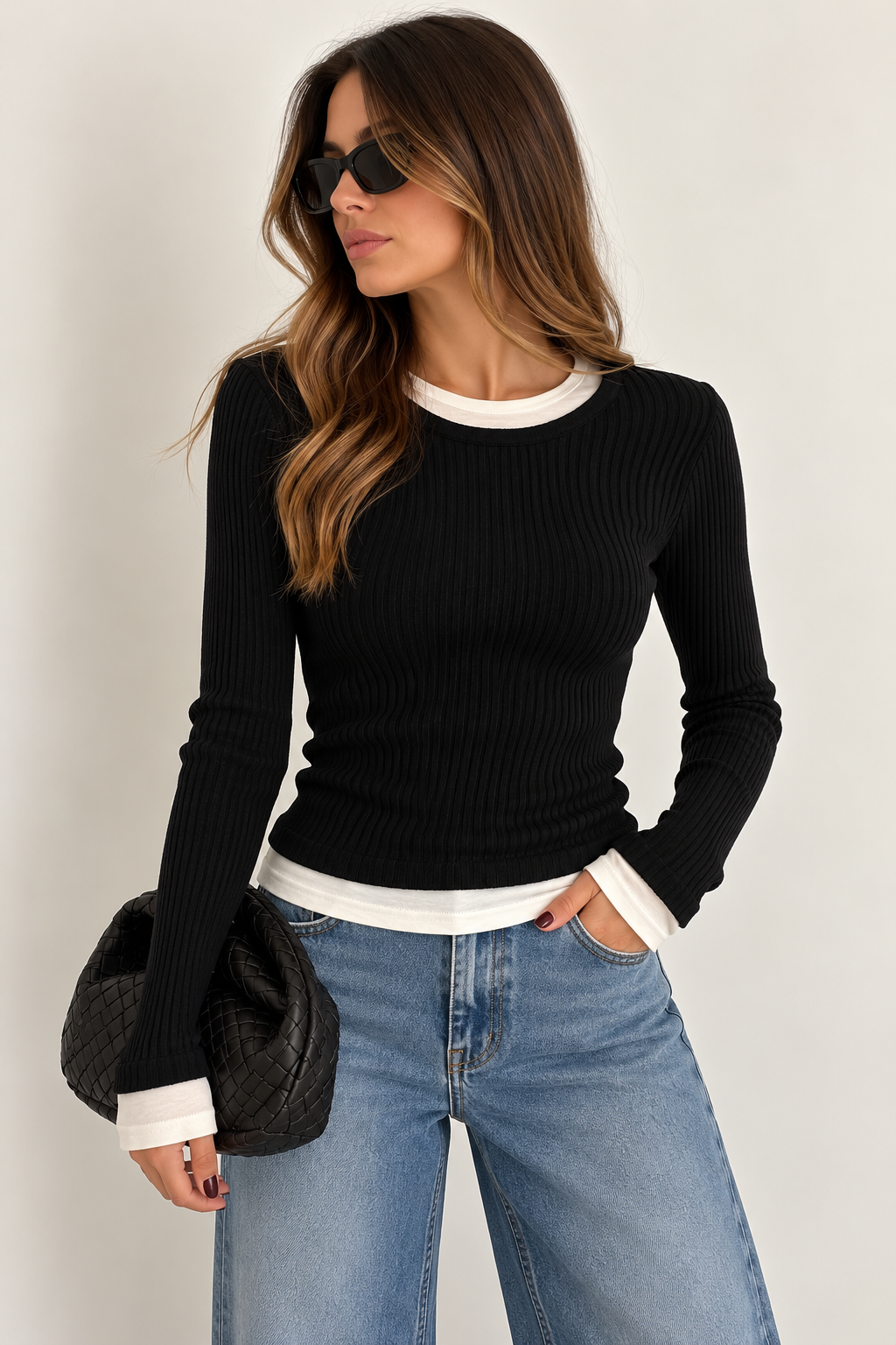 Layered Ribbed Top Black