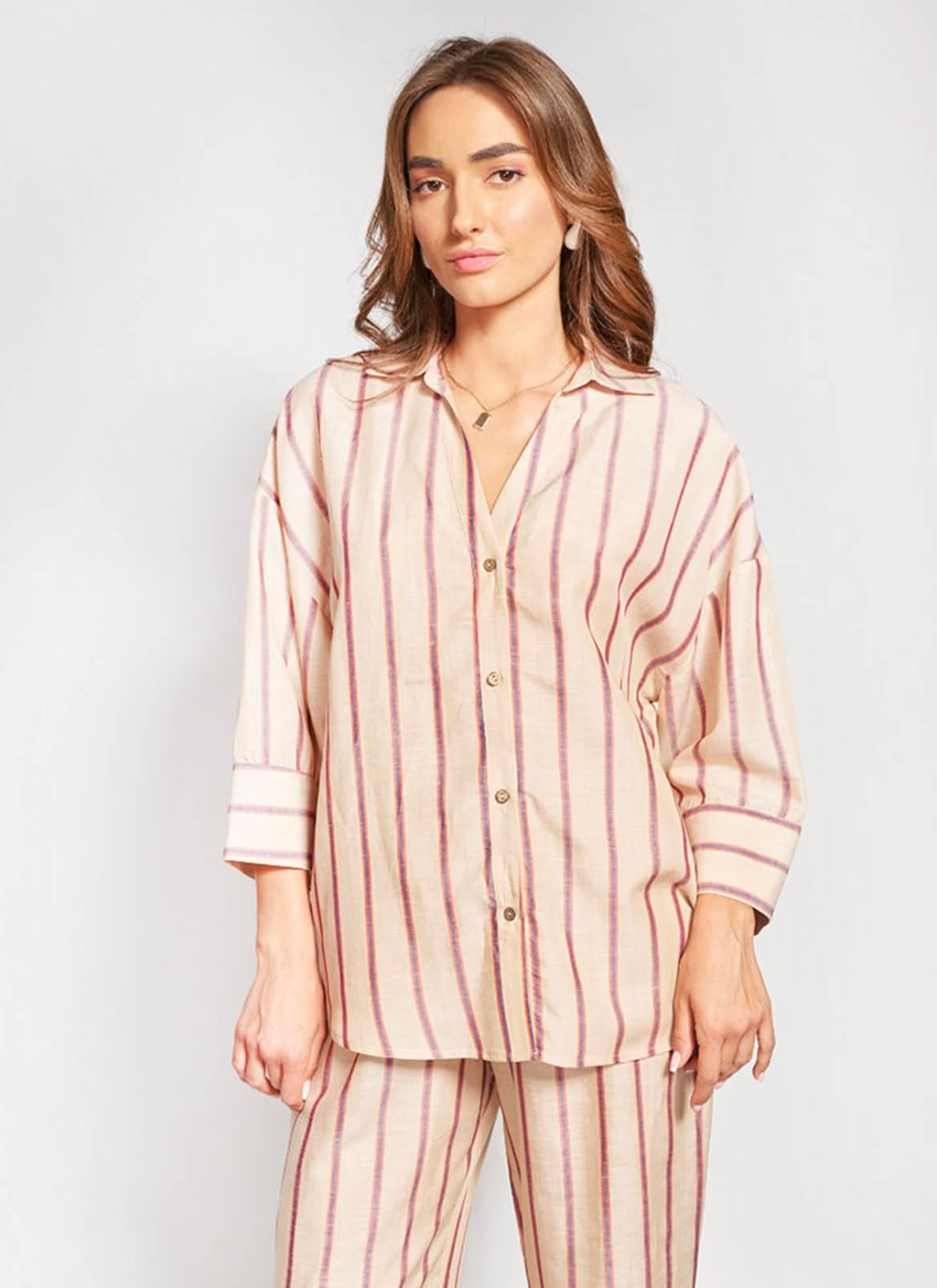 Ριγέ Λινό Oversized Πουκάμισο Μπεζ