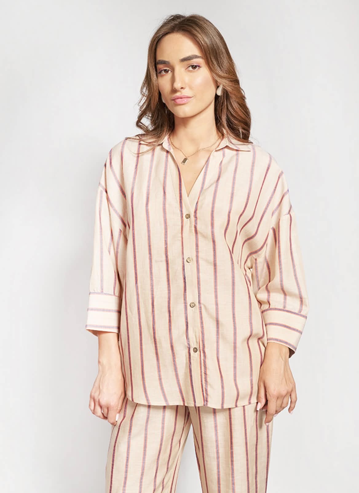 Ριγέ Λινό Oversized Πουκάμισο Μπεζ