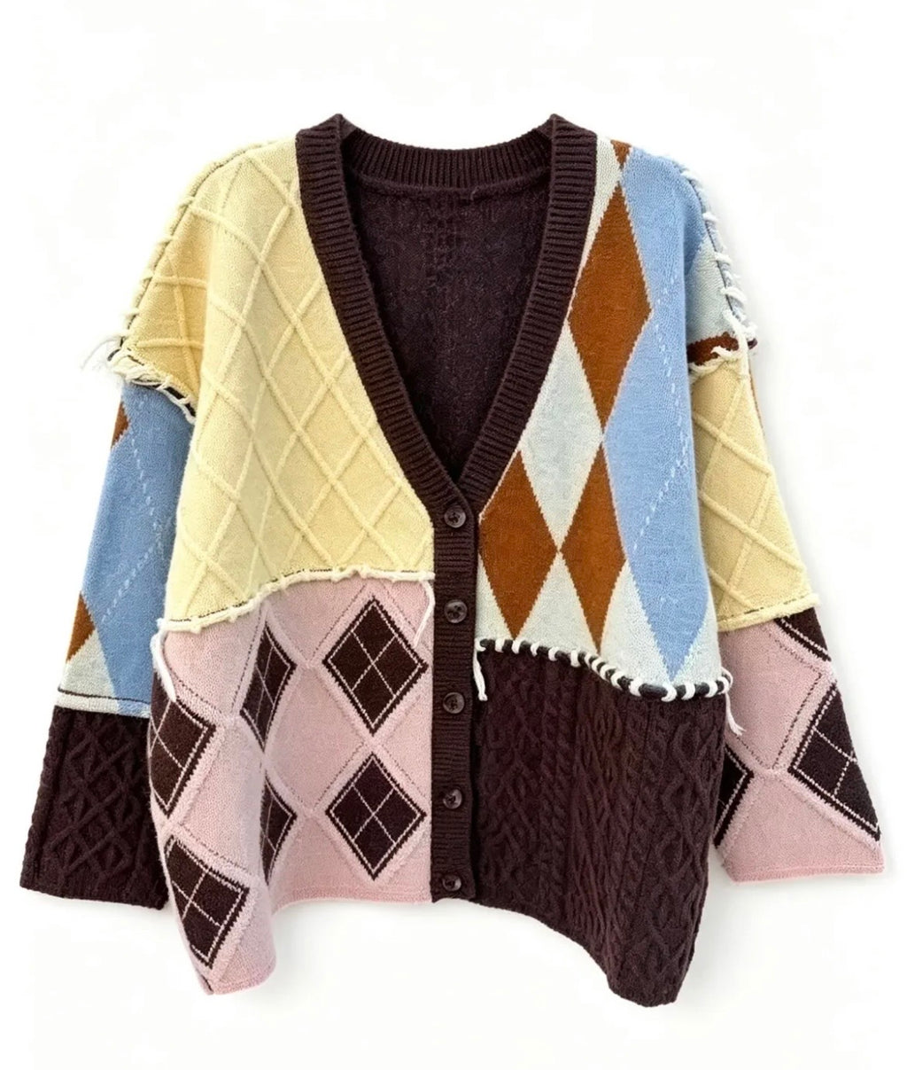 Patchwork Oversized Ζακέτα Καφέ