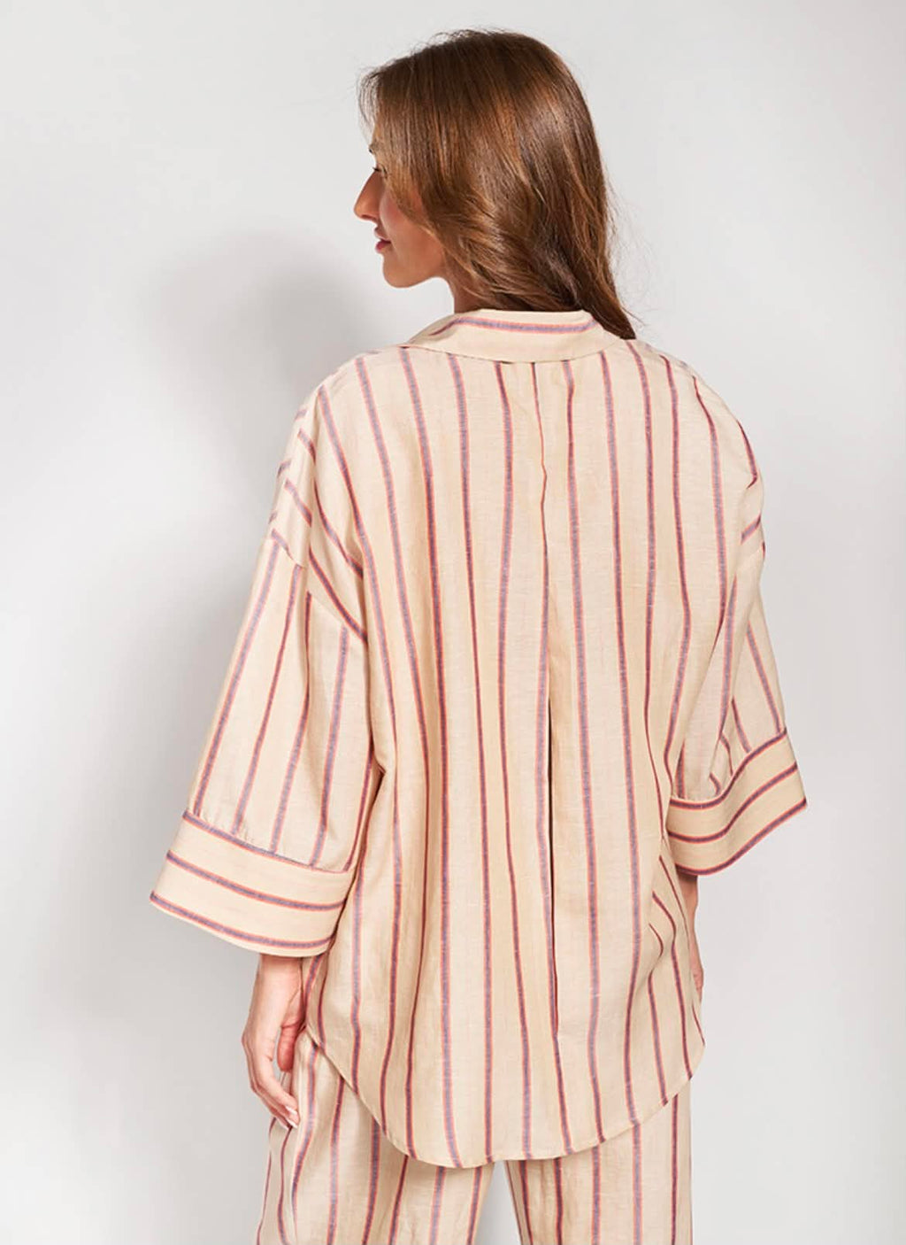 Ριγέ Λινό Oversized Πουκάμισο Μπεζ