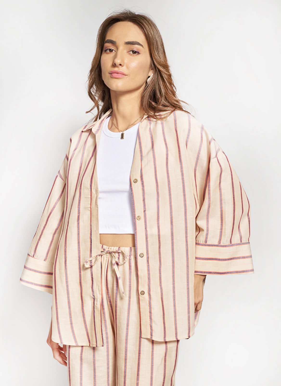 Ριγέ Λινό Oversized Πουκάμισο Μπεζ