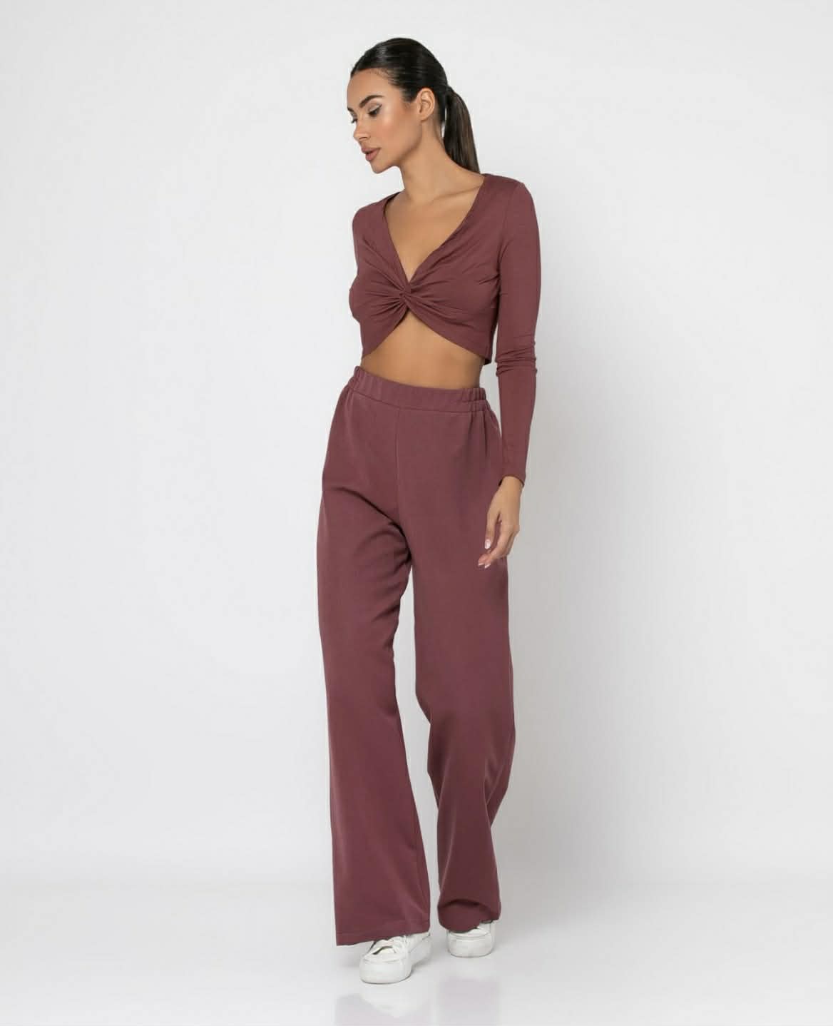 Μπλούζα μακρυμάνικη crop top με κόμπο στο στήθος Wine ginger